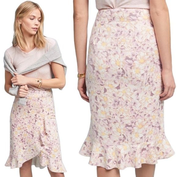 NWT By Anthropologie Skye Floral Print Vegan Suede Ruffled Skirt Size US 14 - Picture 1 of 9